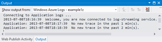 Captura de tela da janela Saída mostrando um exemplo de conexão com um serviço de streaming de logs com linhas de notificação.