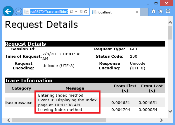 Captura de tela da página Detalhes da solicitação em um navegador da Web mostrando uma mensagem realçada na seção Informações de rastreamento.