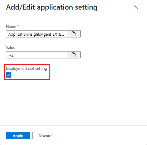 Captura de tela que mostra a caixa de seleção para definir uma configuração de aplicativo como uma configuração de slot no portal do Azure.