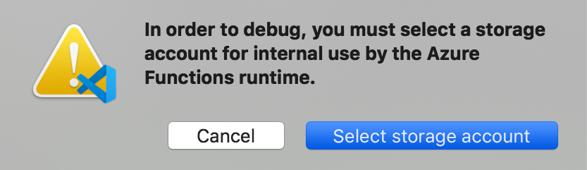  Captura de ecrã de uma janela de alerta Visual Studio Code. A conta de armazenamento selecionada está destacada.