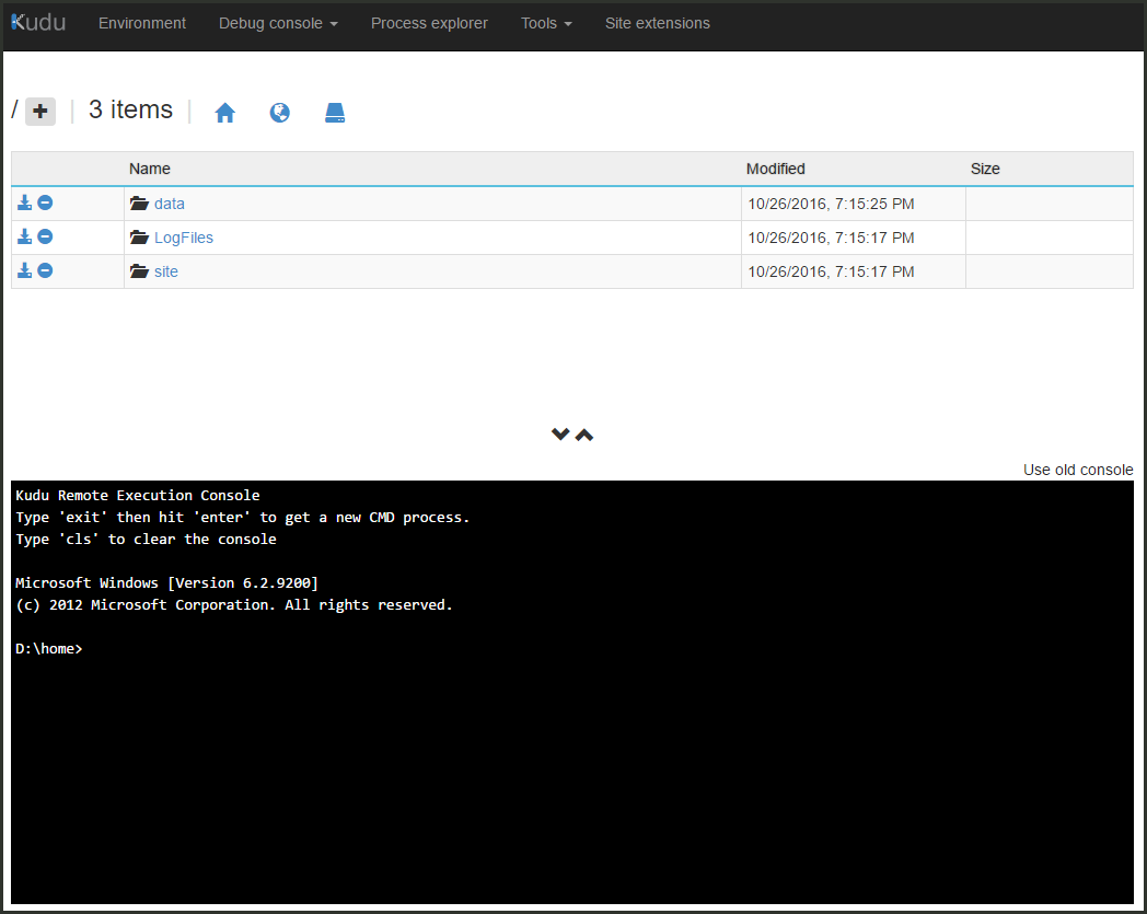 Captura de tela que mostra as ferramentas avançadas para o Serviço de Aplicativo (Kudo).