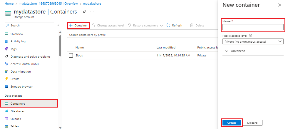 Uma captura de tela da nova página de contêiner em uma conta de armazenamento do Azure.