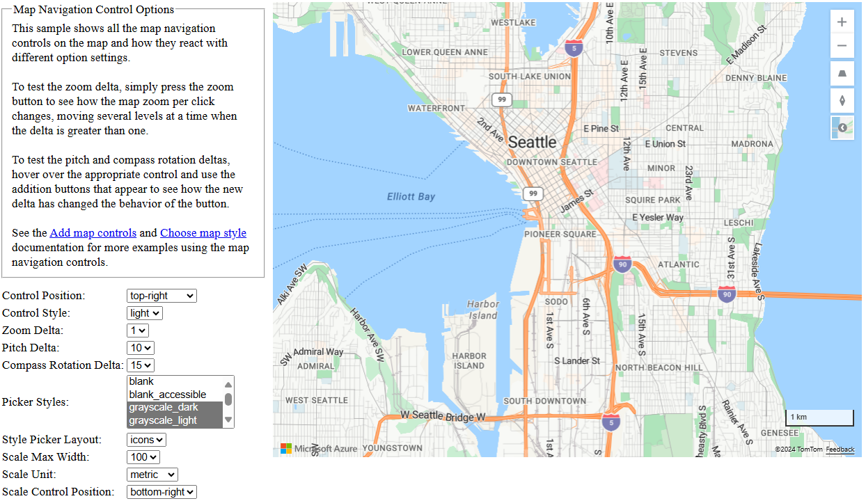 Captura de ecrã a mostrar o exemplo de Opções de Controlo de Navegação de Mapa, que contém um mapa que apresenta controlos de zoom, bússola, passo, estilo e escala e opções no lado esquerdo do ecrã que lhe permitem alterar as propriedades Posição de Controlo, Estilo de Controlo, Delta de Zoom, Delta de Inclinação, Delta de Rotação da Bússola, Estilos de Selecionador, Esquema do Selecionador de Estilo, Largura Máxima da Escala e Unidade de Escala.