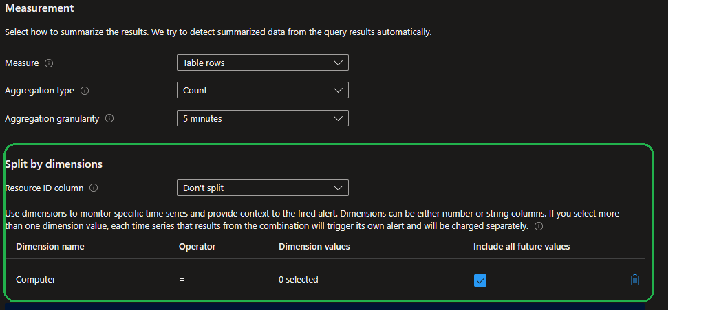 Captura de ecrã a mostrar as dimensões da regra de Alerta com uma dimensão denominada Conjunto de computadores.