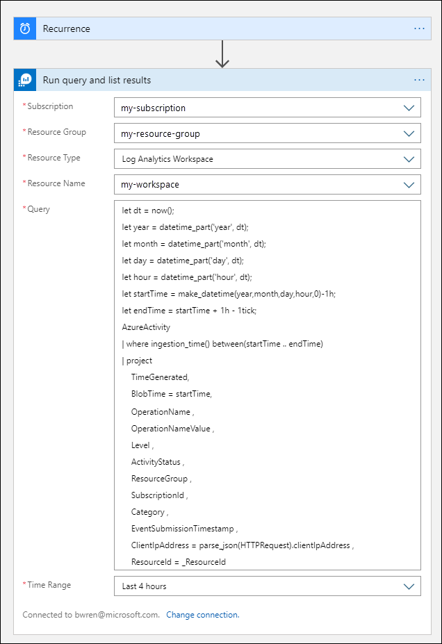 Captura de tela que mostra as configurações da nova ação Logs do Azure Monitor chamada Executar, consultar e visualizar resultados.