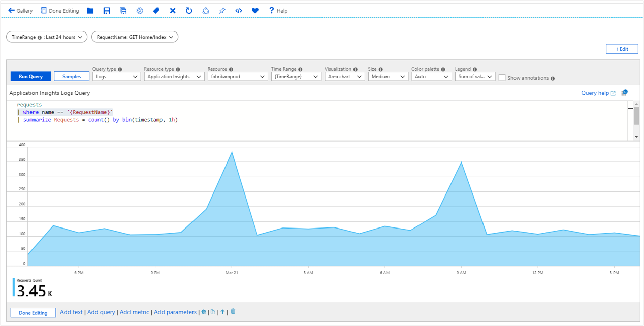 Captura de tela que mostra um parâmetro suspenso referenciado no KQL.