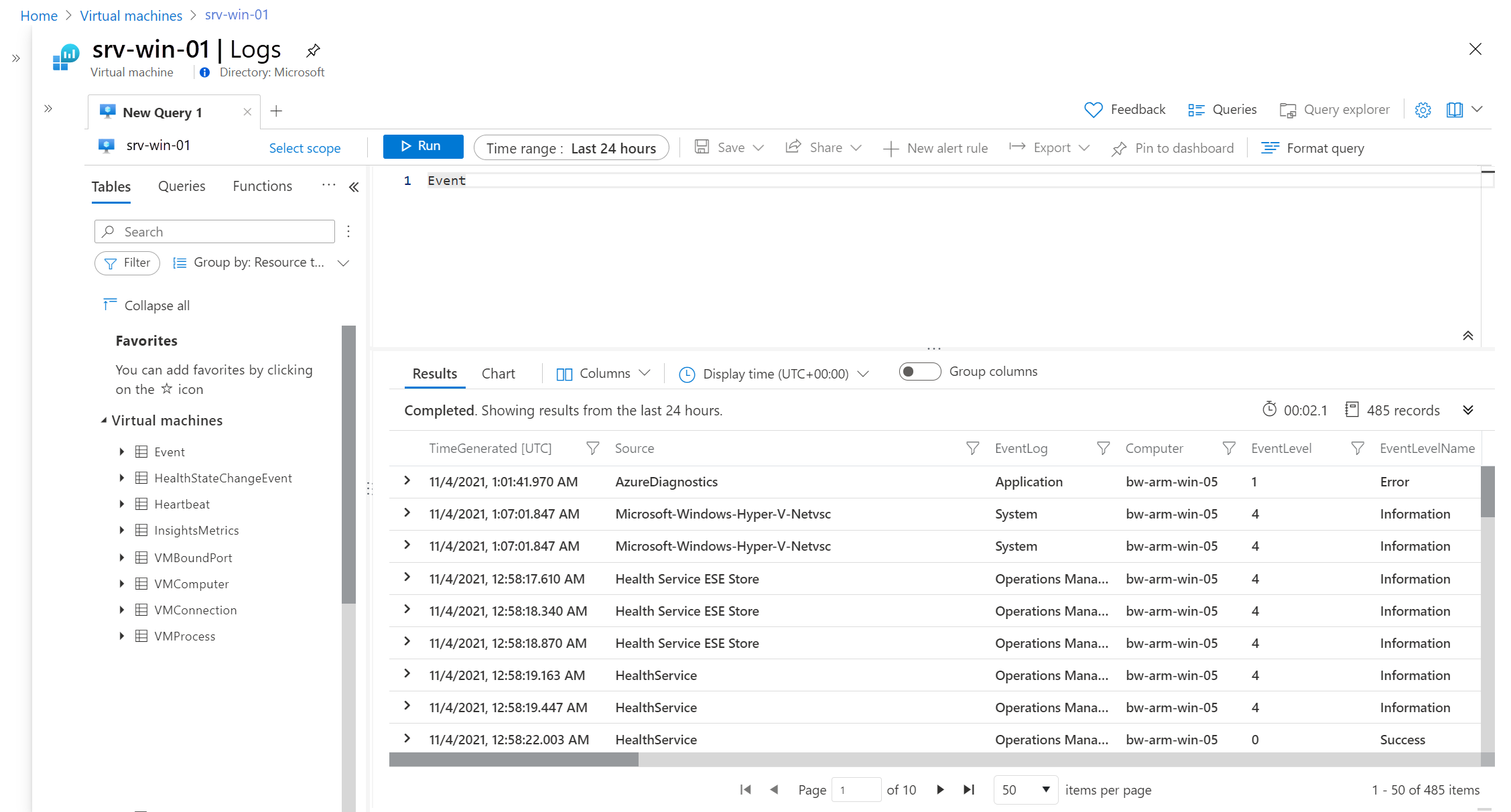 Captura de ecrã que mostra o Log Analytics com os resultados da consulta.