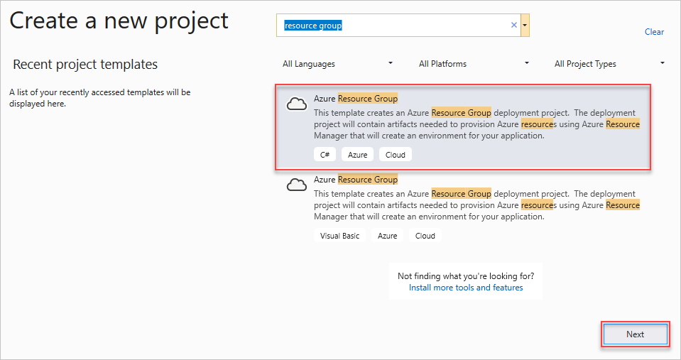 Captura de ecrã da janela Criar um novo projeto realçando o botão Grupo de Recursos do Azure e Seguinte.