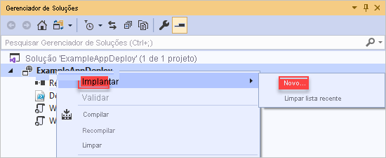 Captura de tela do menu de contexto do projeto de implantação com as opções Implantar e Novo realçadas.