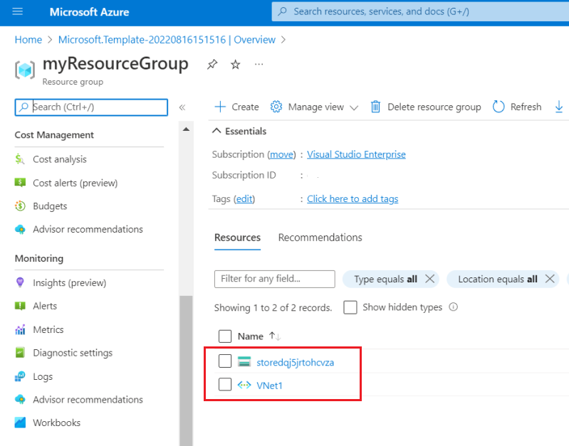 Captura de ecrã do grupo de recursos com a conta de armazenamento e a rede virtual no portal do Azure.