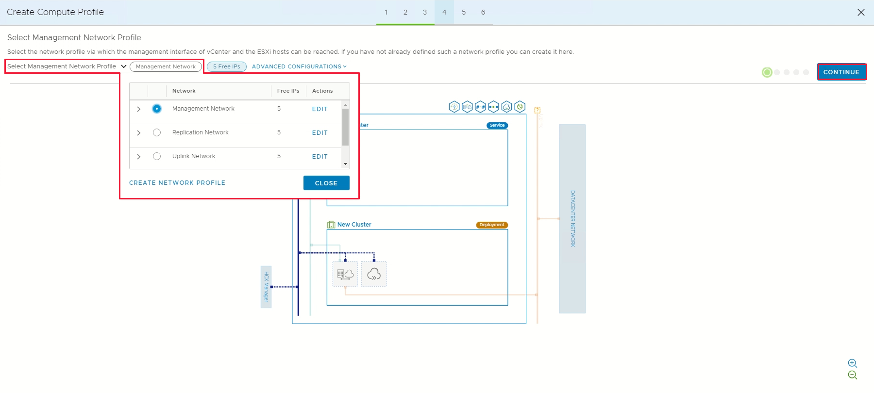 Captura de tela exibindo a seleção de um perfil de rede de gerenciamento e o botão Continuar.