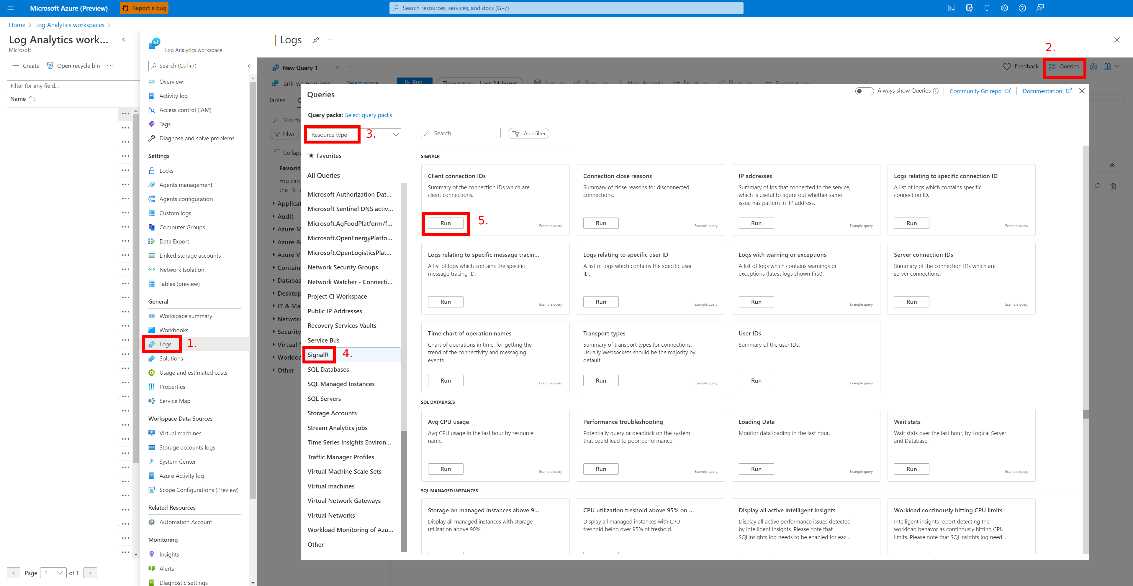 Captura de ecrã de uma consulta de exemplo no Log Analytics.