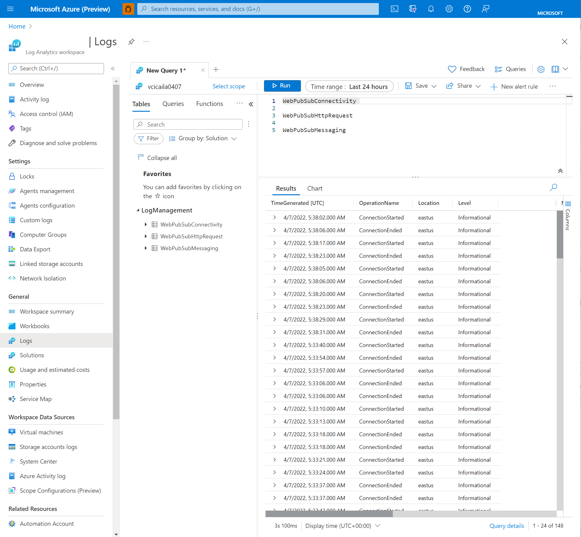 Captura de ecrã de uma consulta no Log Analytics.