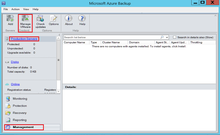 Captura de ecrã mostra a consola do servidor Azure Backup.