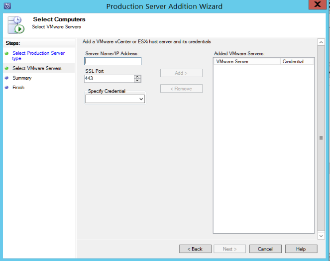 A captura de tela mostra como especificar o servidor VMware.