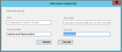 Screenshot mostra a caixa de diálogo Adicionar Credenciais do Servidor de Backup do Azure.