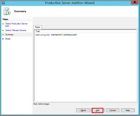 Screenshot mostra como adicionar o servidor VMware ao Azure Backup Server.