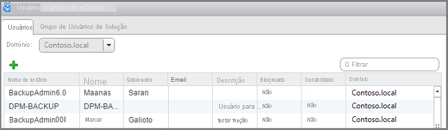 A captura de tela mostra o painel Usuários e Grupos do vCenter.