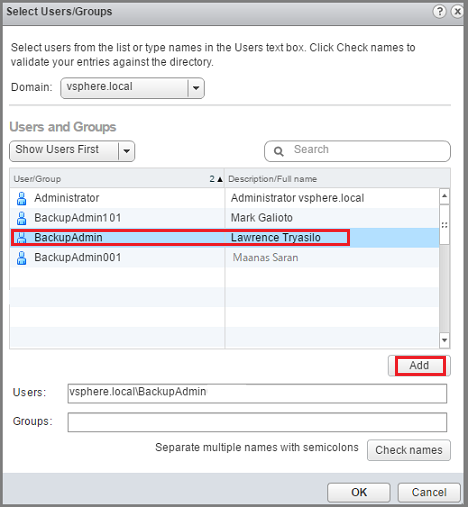 A captura de tela mostra como adicionar o usuário BackupAdmin.
