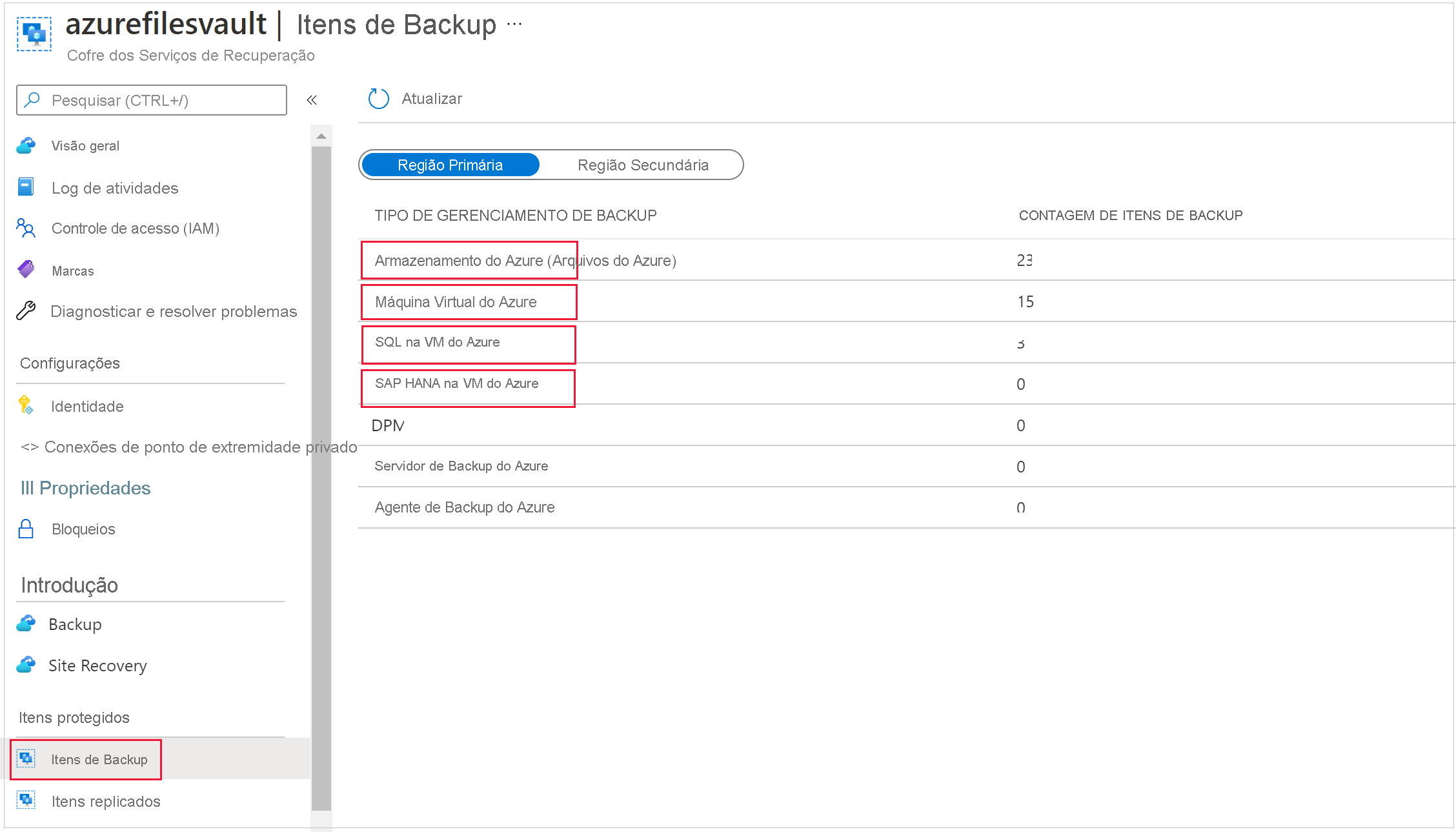Captura de ecrã que mostra a seleção do tipo de backup.