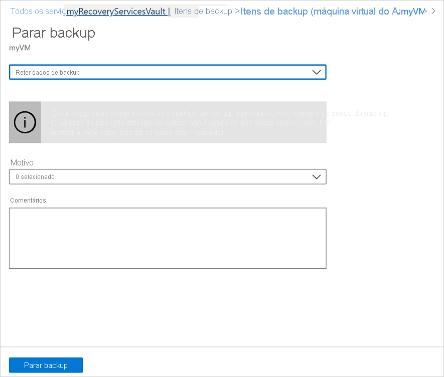 Captura de ecrã a mostrar como reter dados de backup.