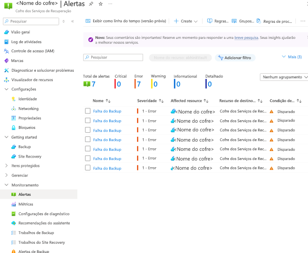 Captura de ecrã que mostra os alertas de Backup.
