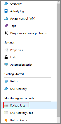 Captura de ecrã que mostra a seleção de Trabalhos de Backup.