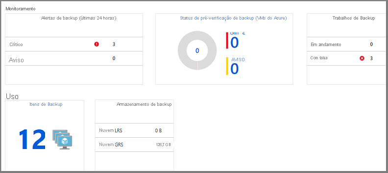 Captura de ecrã que mostra as tarefas do painel de Backup.