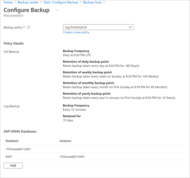 Captura de ecrã que mostra a seleção de uma política de backup.