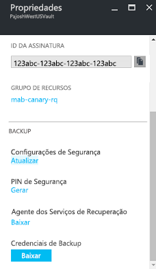 Captura de ecrã das propriedades do cofre dos Serviços de Recuperação