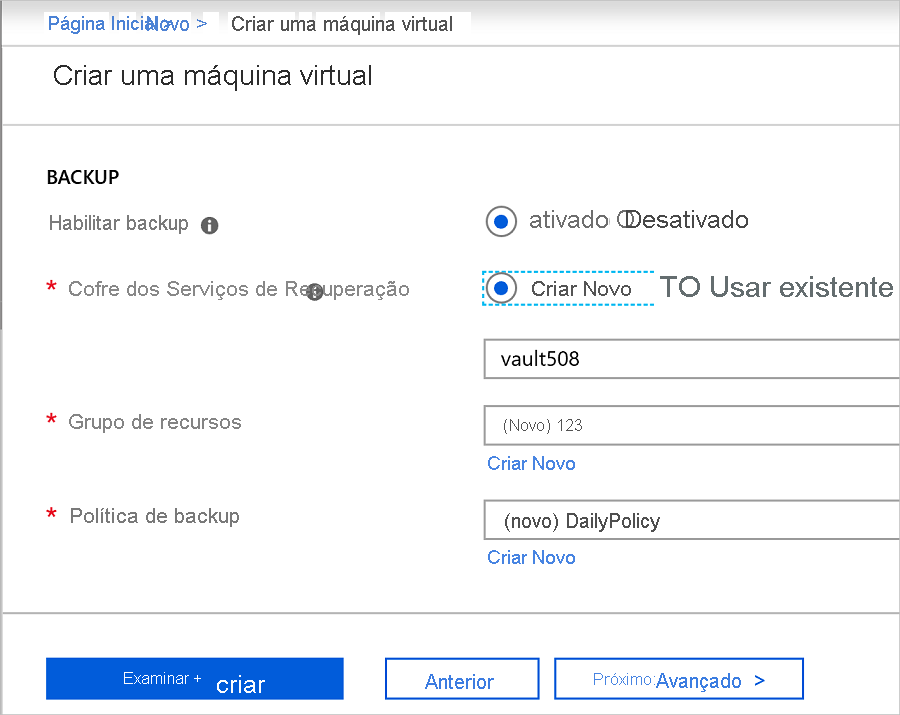 Captura de tela que mostra como habilitar o backup para uma VM.