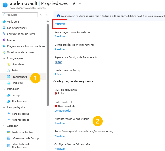 Captura de ecrã a mostrar as propriedades do cofre dos serviços de recuperação.