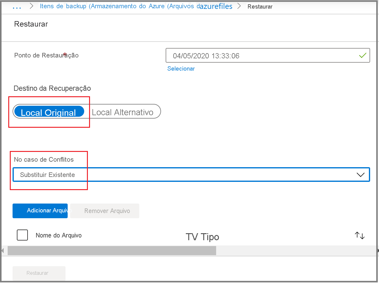 A captura de ecrã mostra o local original para a recuperação ao nível do item.