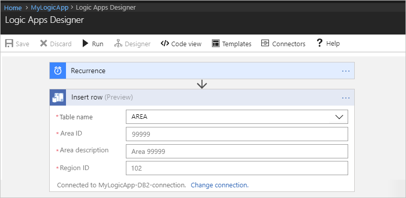 Captura de tela que mostra o Designer de Aplicativos Lógicos com a ação