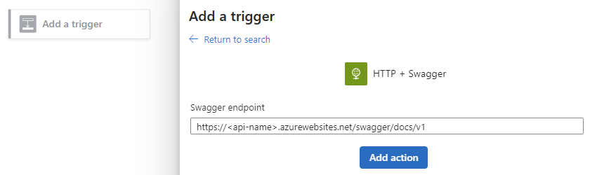 Captura de ecrã que mostra o portal Azure, o designer de workflow e o painel de gatilhos HTTP + Swagger. Um URL de exemplo é introduzido para o parâmetro endpoint Swagger.