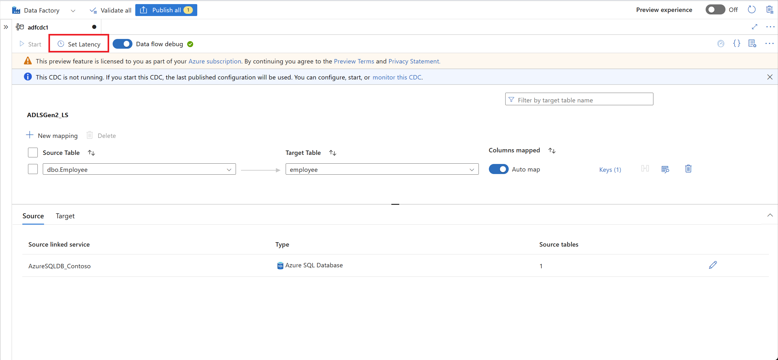Captura de tela do botão Definir latência na parte superior da tela.