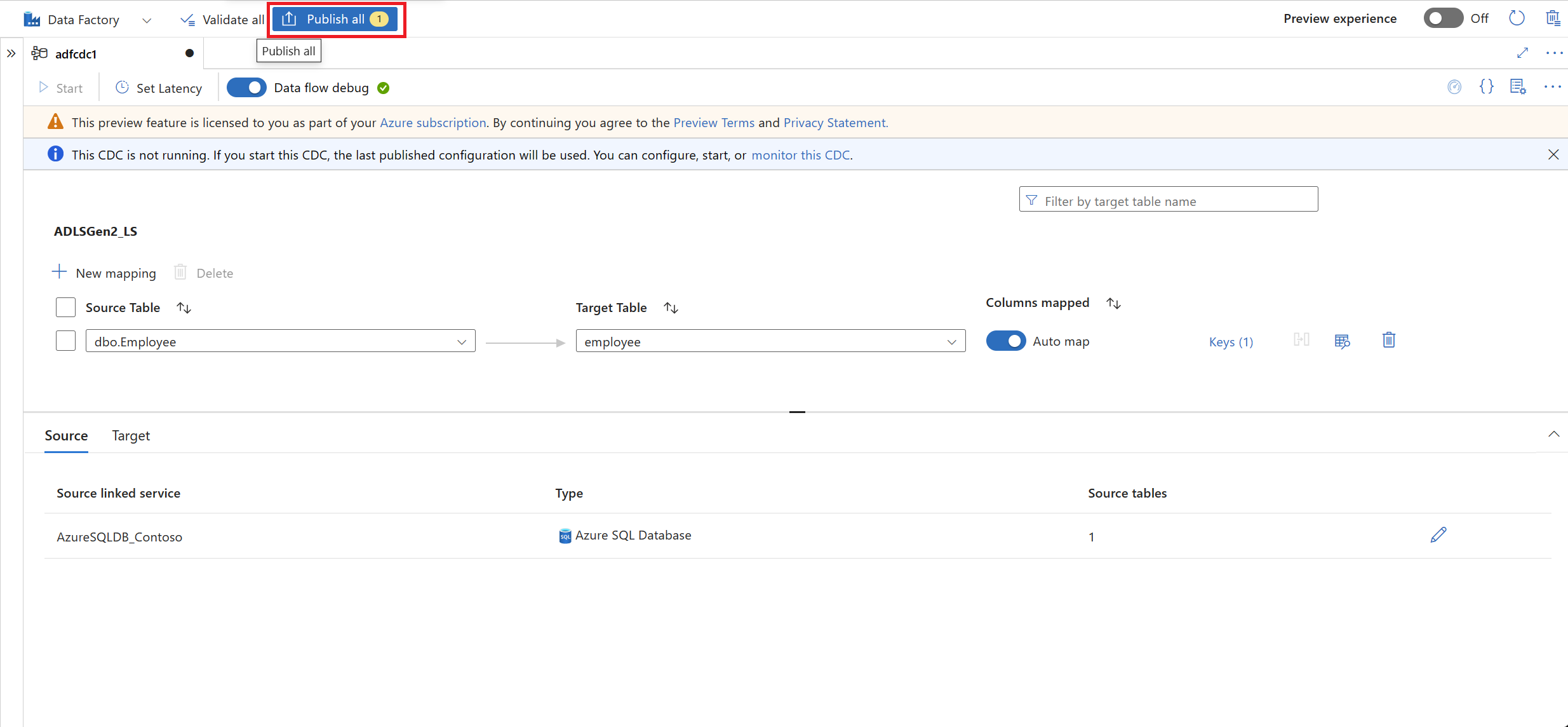 Captura de tela do botão de publicação na parte superior da tela.