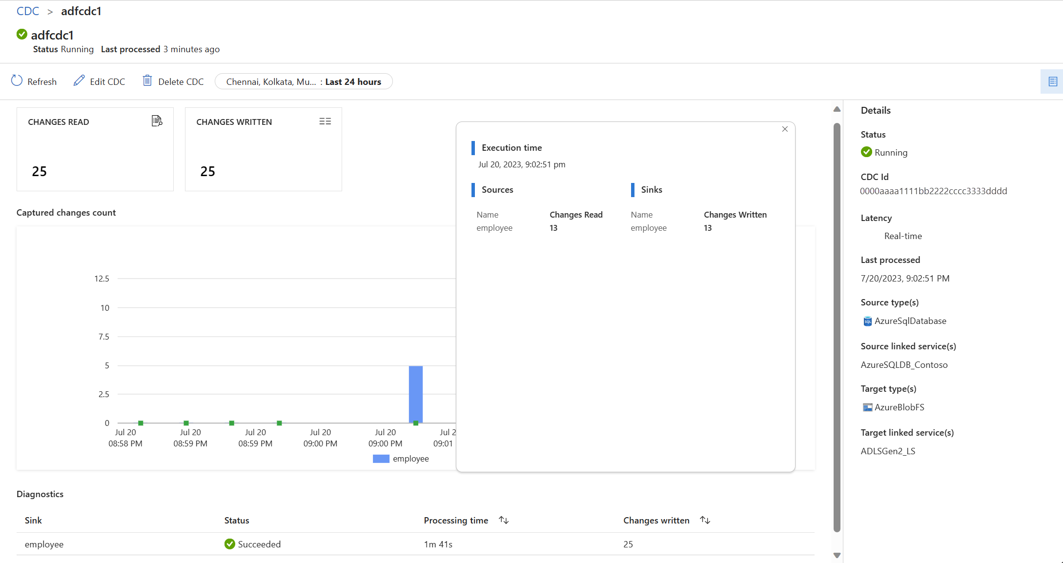 Captura de ecrã da página de monitorização de uma captura de dados de alteração selecionada com uma vista detalhada.