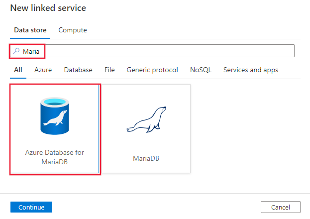 Captura de tela do conector do Banco de Dados do Azure para MariaDB.