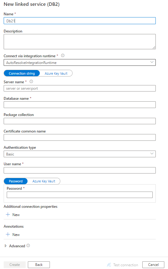 Captura de tela da configuração do serviço vinculado para DB2.