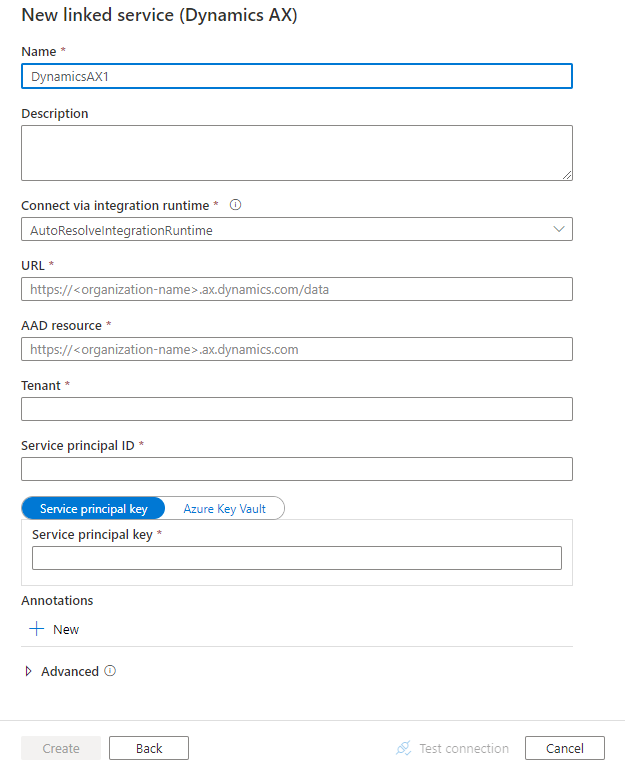 Configure um serviço ligado para Dynamics AX.