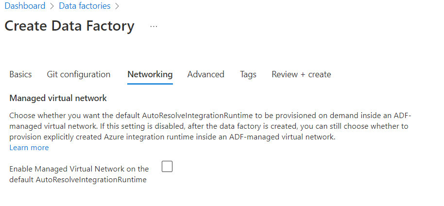 Captura de ecrã da ativação da rede virtual gerida durante a criação da data factory.