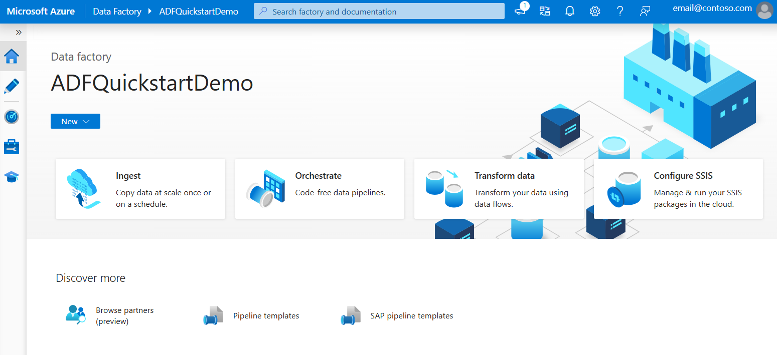 Captura de ecrã que mostra a página do Azure Data Factory Studio para uma fábrica de dados criada.