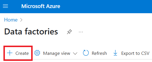 Captura de ecrã do botão Criar na página do portal Azure para fábricas de dados.