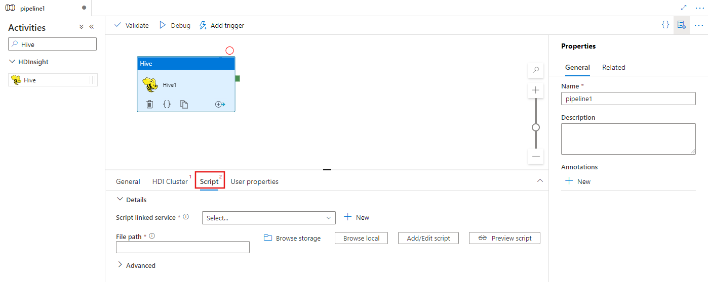 Mostra a interface da guia Script para uma atividade do Hive.