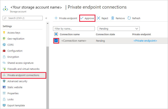 Captura de ecrã que mostra a aprovação de um endpoint privado gerido.