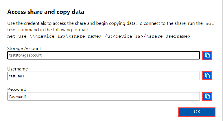 Captura de tela mostrando a caixa de diálogo de Acesso Compartilhado e Copiar Dados na interface da Web local para um compartilhamento SMB na Caixa de Dados. O ícone de Copiar para as opções de Conta de Armazenamento e Senha, bem como o botão OK, estão realçados.