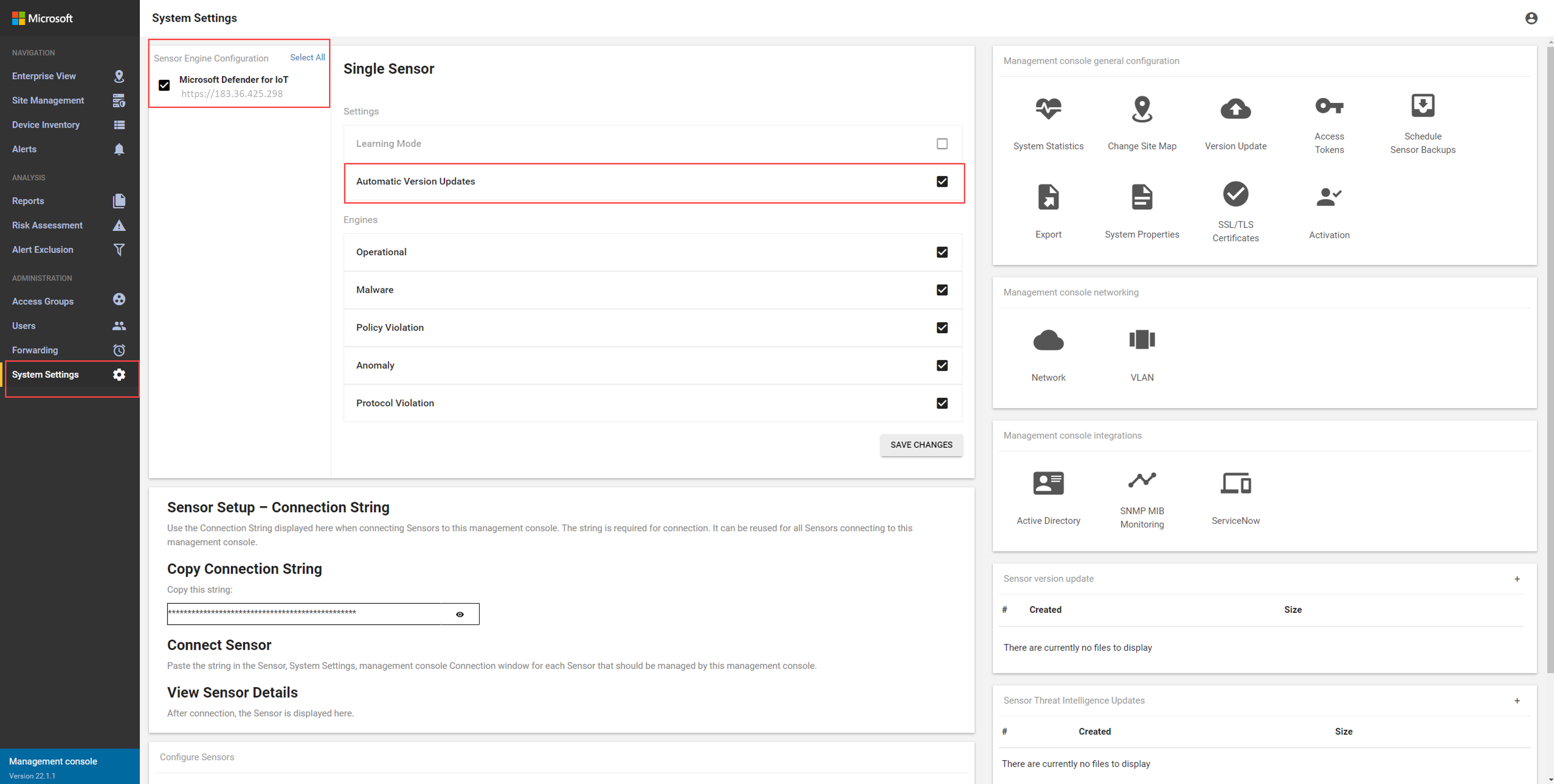 Captura de ecrã da consola de gestão no local com as Atualizações Automáticas de Versão selecionadas.