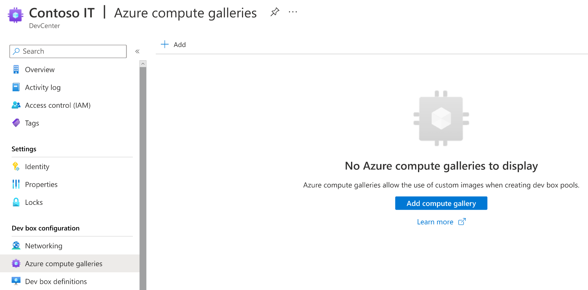 Captura de tela que mostra a página para galerias de computação, sem galerias listadas.