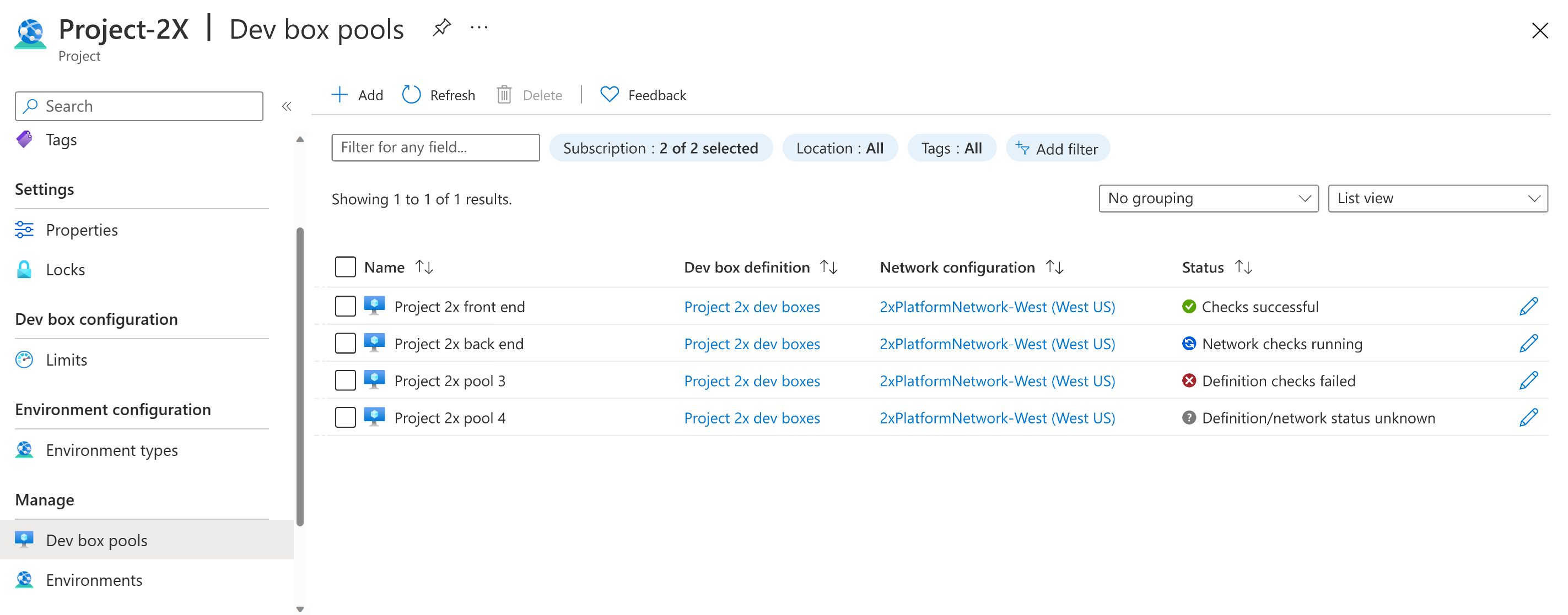 Captura de tela que mostra uma lista de pools de caixas de desenvolvimento e informações de status.